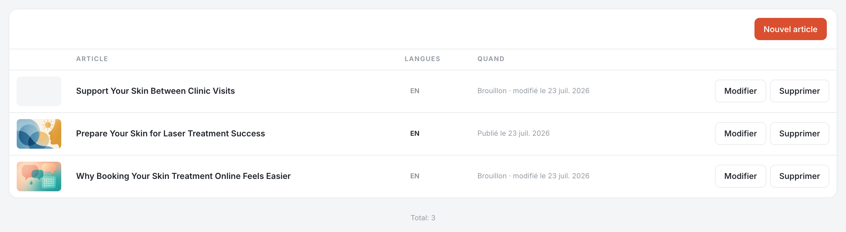 Vos articles : les langues, l'état de chacun, et Nouvel article.